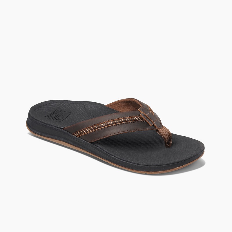 Men's Reef Leather Ortho-coast Flip Flops Black / Brown | AHsJDPfhGhi