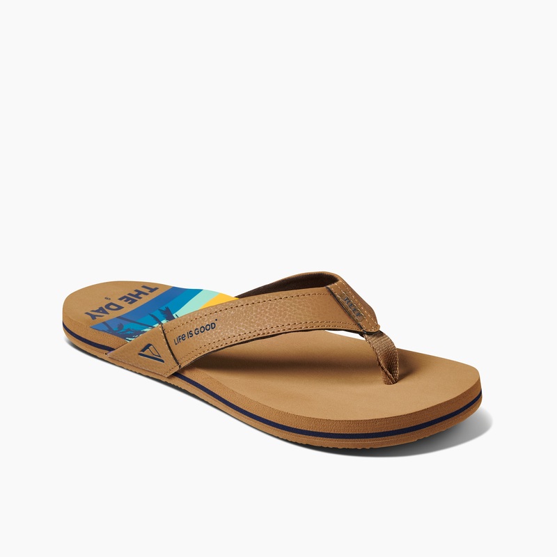 Men's Reef Newport X Life Is Good Flip Flops Blue Brown | 38EOOETFZtm