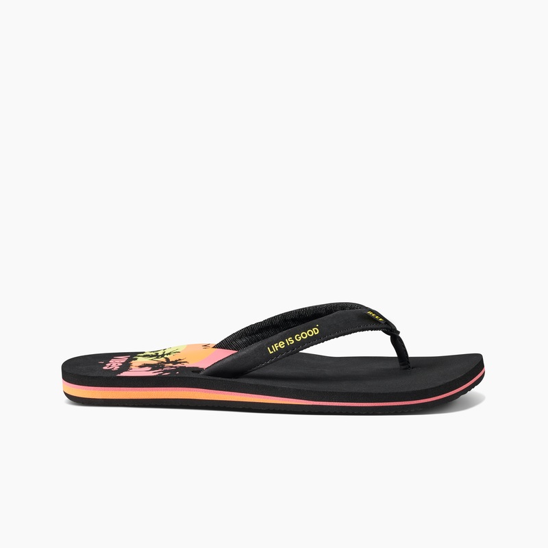 Women's Reef Cushion Sands X Life Is Good Flip Flops Black | 7kfc1h2fAHb