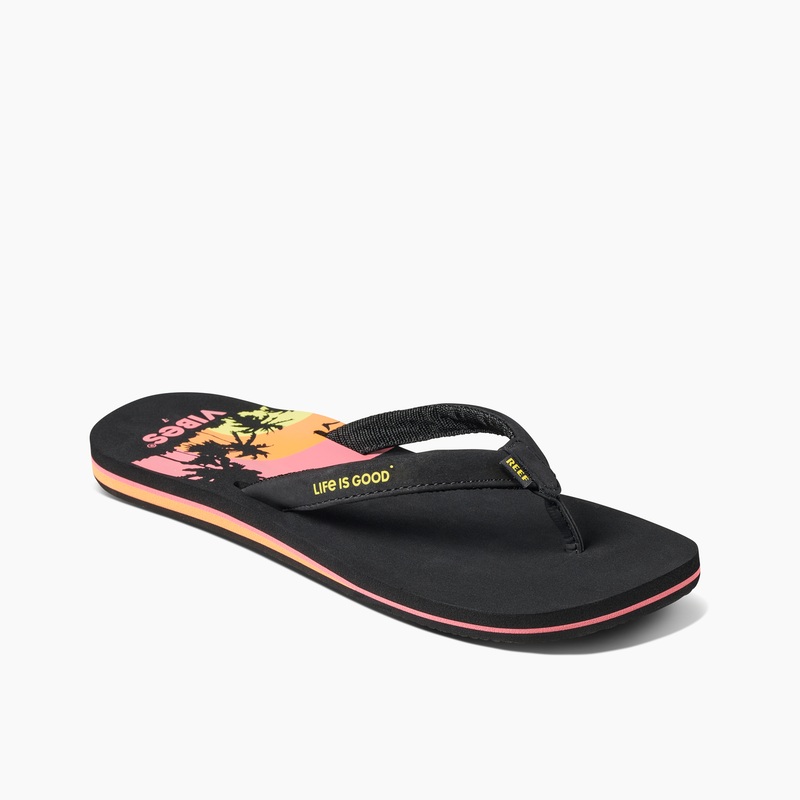 Women's Reef Cushion Sands X Life Is Good Flip Flops Black | 7kfc1h2fAHb