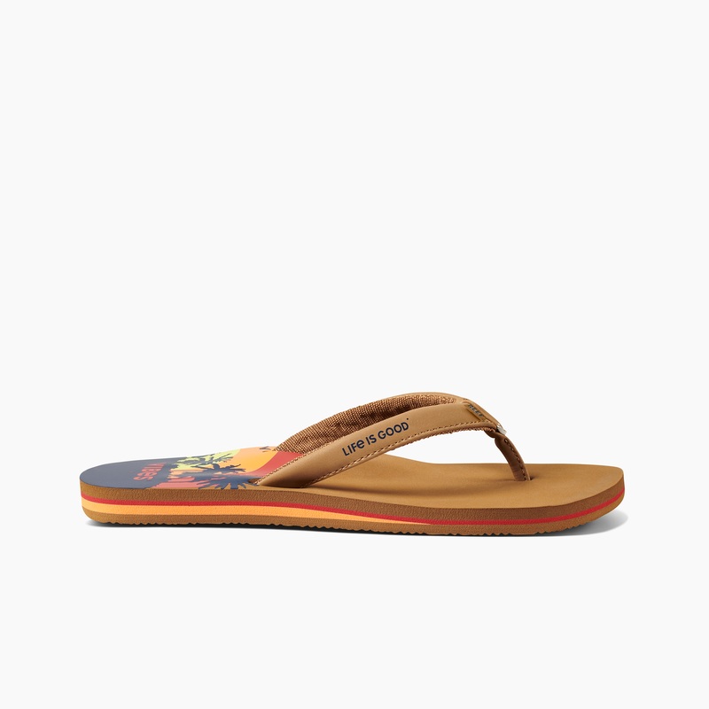 Women's Reef Cushion Sands X Life Is Good Flip Flops Brown | 8mpw8mesN18