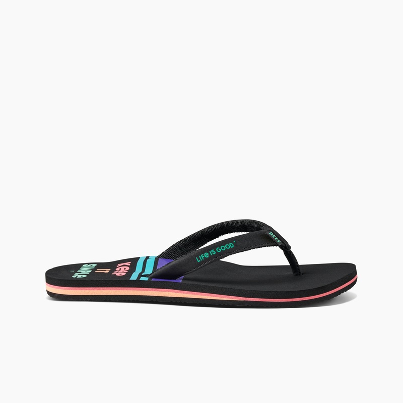 Women's Reef Cushion Sands X Life Is Good Flip Flops Black | ENfwETgelKf