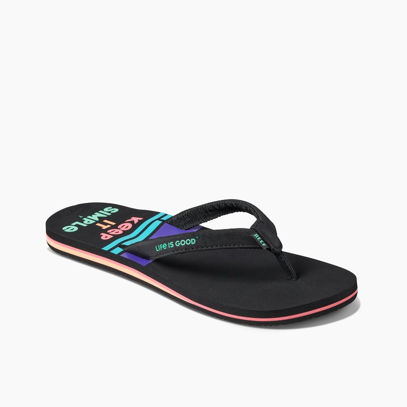 Women's Reef Cushion Sands X Life Is Good Flip Flops Black | ENfwETgelKf