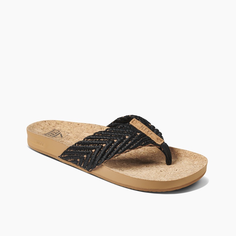 Women's Reef Cushion Strand Flip Flops Black / Beige | 8R4KOhtAAtt