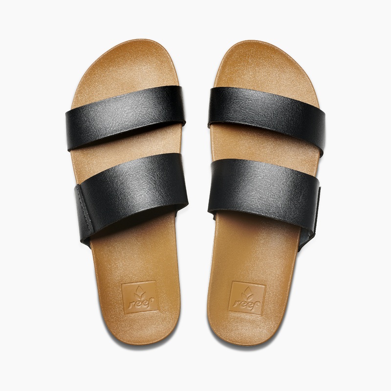 Women\'s Reef Cushion Vista Slides Black / Beige | HNFO9IEEwi5