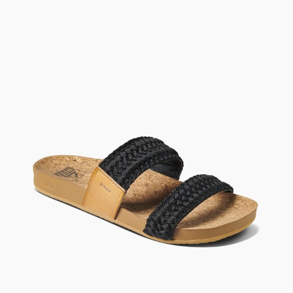 Women's Reef Cushion Vista Thread Slides Black | JqezUIcr0u5